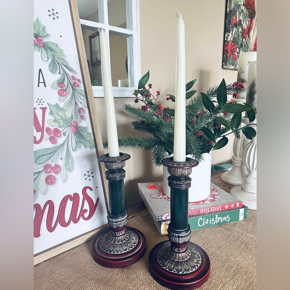 VTG Victorian-Style Christmas Candlestick Holders Made in Taiwan ROC Red & Green